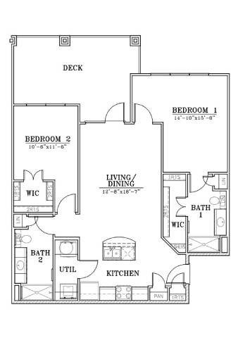 Floor plan for 2 beds, 2 baths, 1050 sqft
