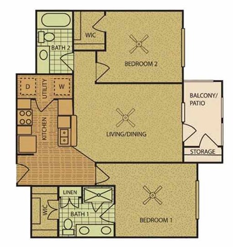 Floor plan for 2 beds, 2 baths, 1007 sqft