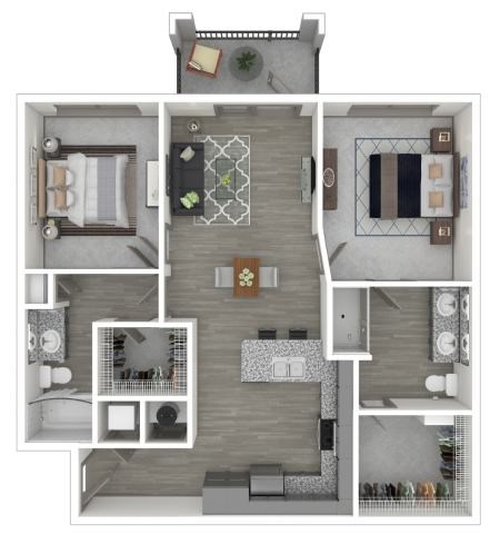 Floor plan for 2 beds, 2 baths, 1053 sqft