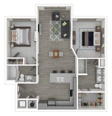 Floor plan for 2 beds, 2 baths, 1091 sqft