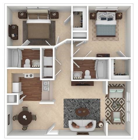 Floor plan for 2 beds, 2 baths, 1085 sqft