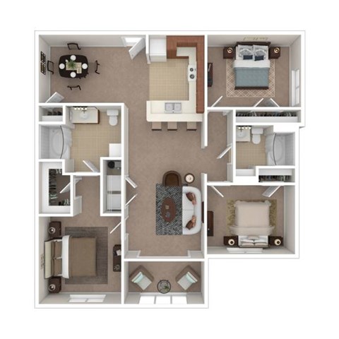 Floor plan for 3 beds, 2 baths, 1249 sqft