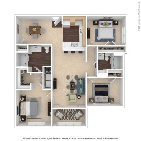 Floor plan for 3 beds, 2 baths, 1443 sqft