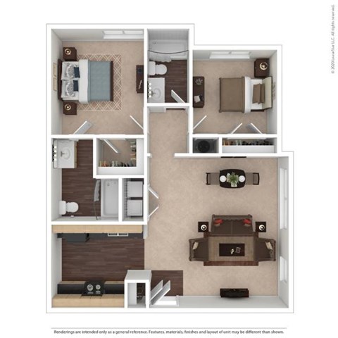 Floor plan for 2 beds, 2 baths, 1053 sqft