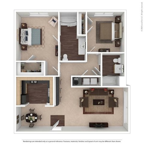 Floor plan for 2 beds, 2 baths, 1023 sqft