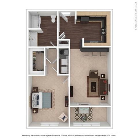 Floor plan for 1 bed, 1 bath, 811 sqft