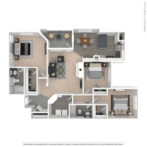 Floor plan for 3 beds, 2 baths, 1385 sqft