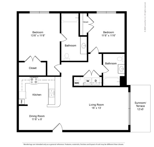 Floor plan for 2 beds, 2 baths, 1023 sqft