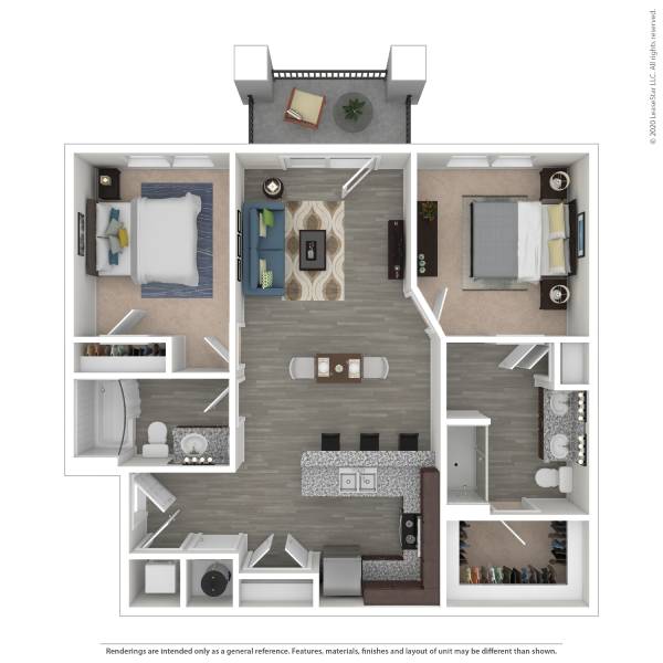 Floor plan for 2 beds, 2 baths, 991 sqft