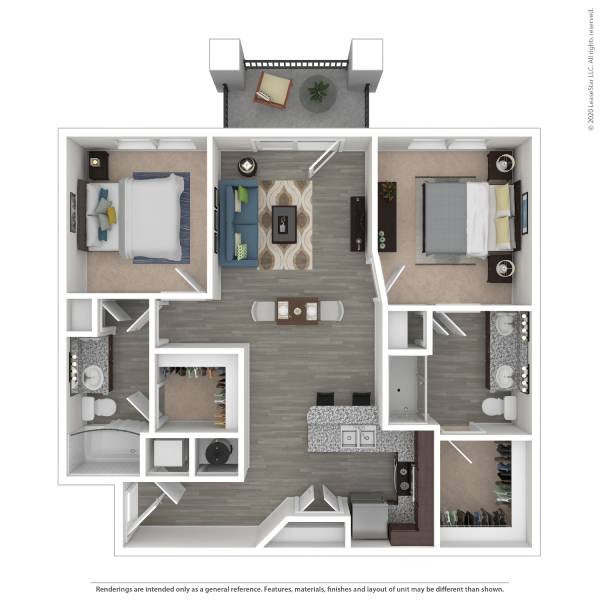 Floor plan for 2 beds, 2 baths, 1003 sqft