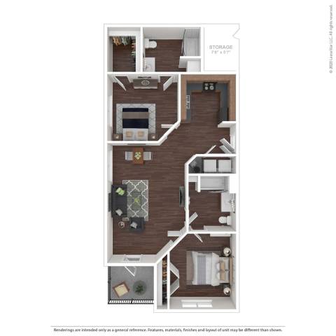 Floor plan for 2 beds, 2 baths, 1000 sqft