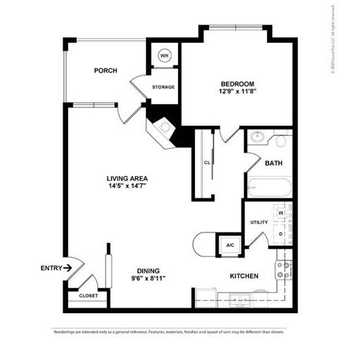 Floor plan for 1 bed, 1 bath, 742 sqft
