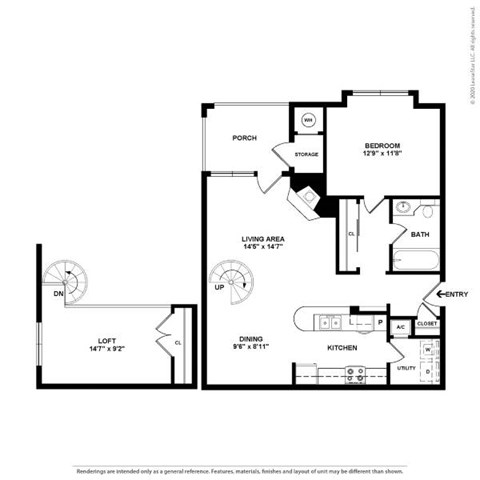 Floor plan for 1 bed, 1 bath, 899 sqft
