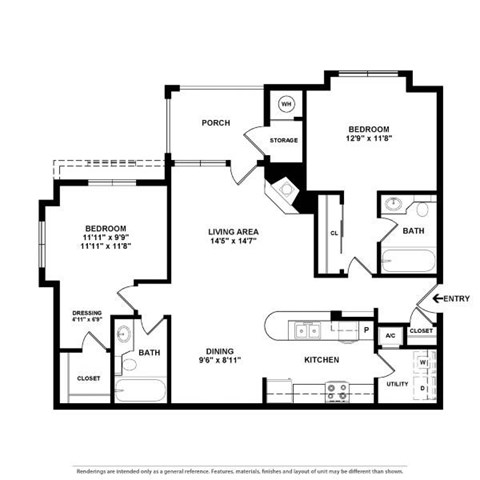 Floor plan for 2 beds, 2 baths, 988 sqft