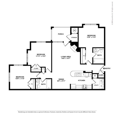 Floor plan for 3 beds, 2 baths, 1140 sqft