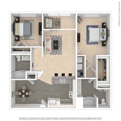 Floor plan for 2 beds, 2 baths, 1200 sqft