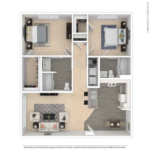 Floor plan for 2 beds, 2 baths, 1100 sqft
