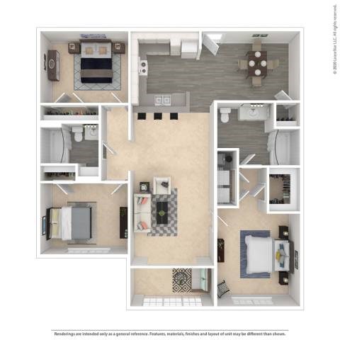 Floor plan for 3 beds, 2 baths, 1443 sqft