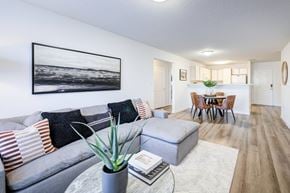Fayetteville apartment for rent - A living room with a grey couch and a painting on the wall.
