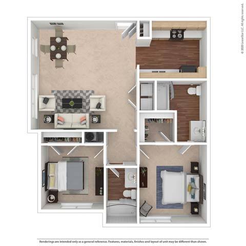 Floor plan for 2 beds, 2 baths, 1053 sqft