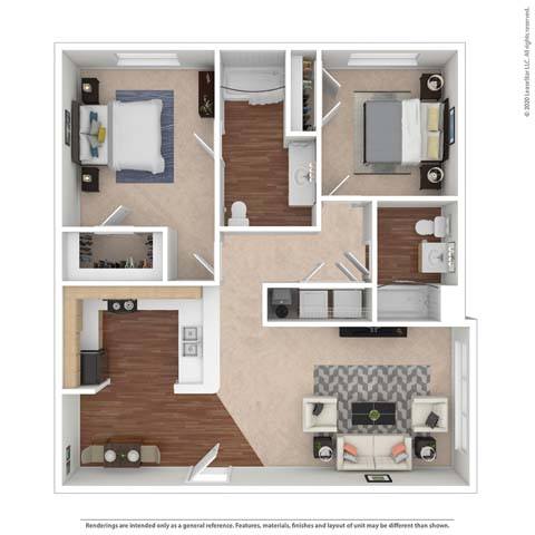 Floor plan for 2 beds, 2 baths, 1022 sqft