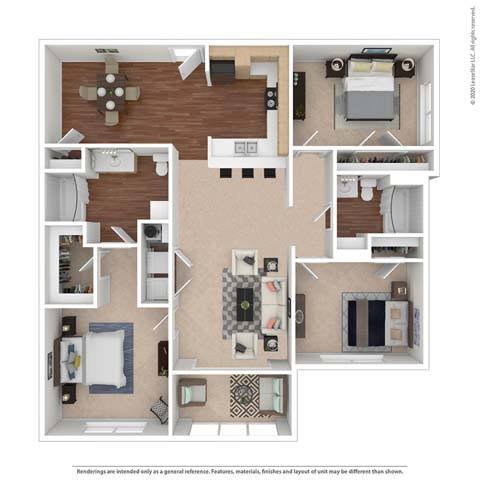 Floor plan for 3 beds, 2 baths, 1317 sqft