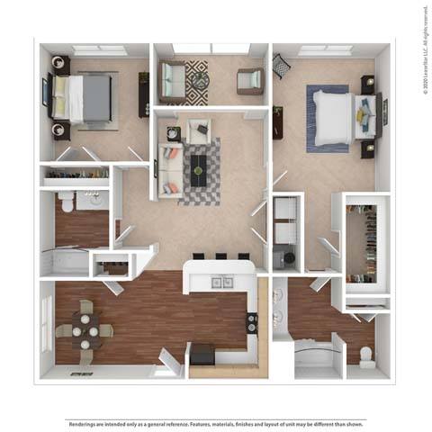 Floor plan for 2 beds, 2 baths, 1101 sqft