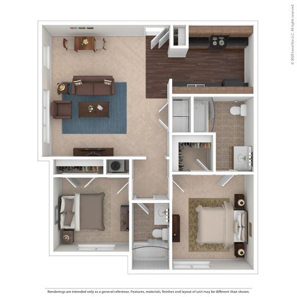 Floor plan for 2 beds, 2 baths, 1053 sqft