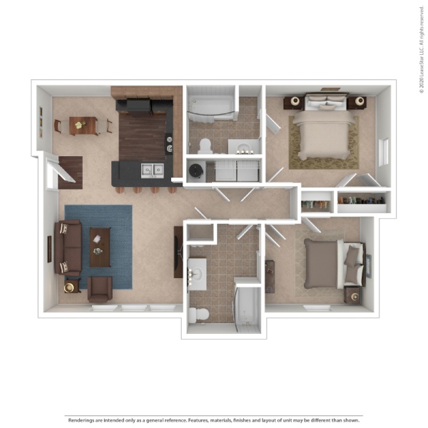 Floor plan for 2 beds, 2 baths, 1005 sqft