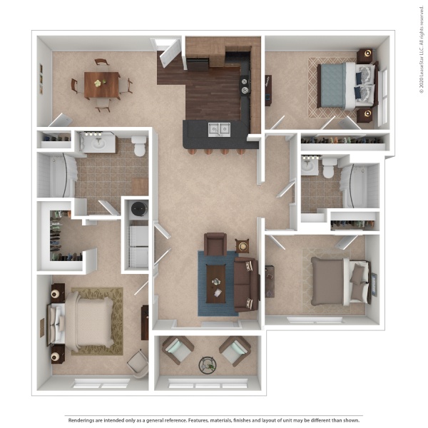 Floor plan for 3 beds, 2 baths, 1317 sqft