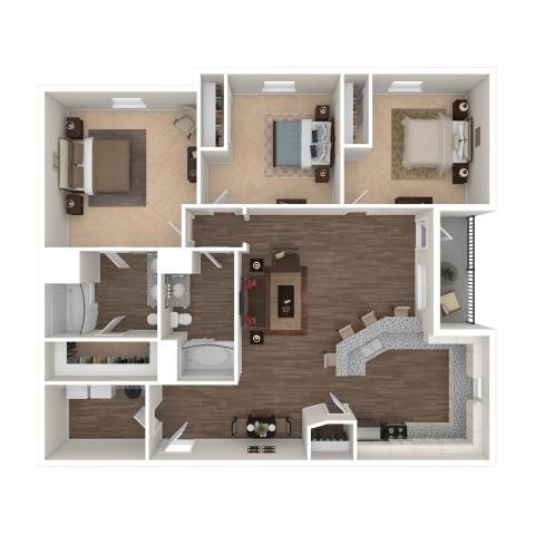 Floor plan for 3 beds, 2 baths, 1380 sqft