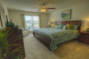Roanoke apartment for rent - A bedroom with a bed, dresser, and ceiling fan.