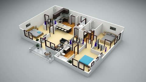 Floor plan for 3 beds, 3 baths, 1244 sqft