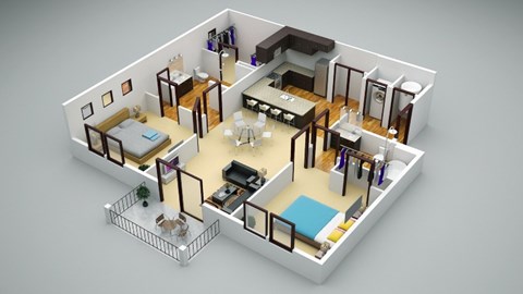 Floor plan for 2 beds, 2 baths, 990 sqft