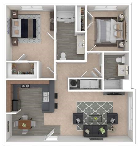 Floor plan for 2 beds, 2 baths, 1100 sqft