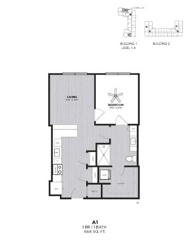 Floor plan for 1 bed, 1 bath, 664 sqft
