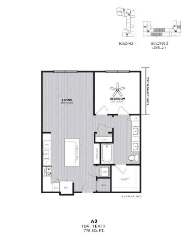Floor plan for 1 bed, 1 bath, 775 sqft