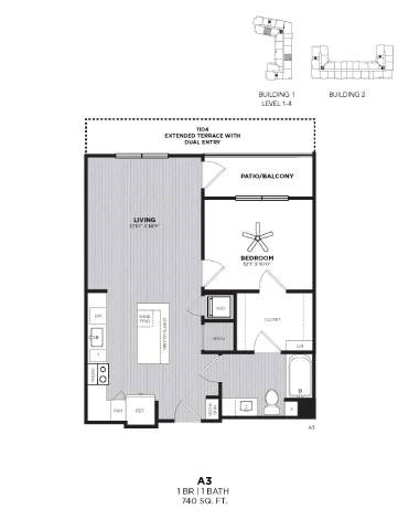Floor plan for 1 bed, 1 bath, 740 sqft