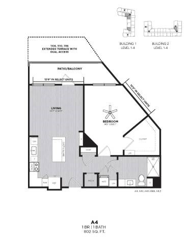 Floor plan for 1 bed, 1 bath, 802 sqft