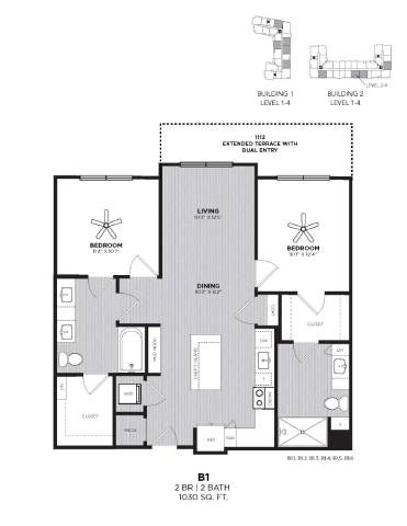 Floor plan for 2 beds, 2 baths, 1030 sqft