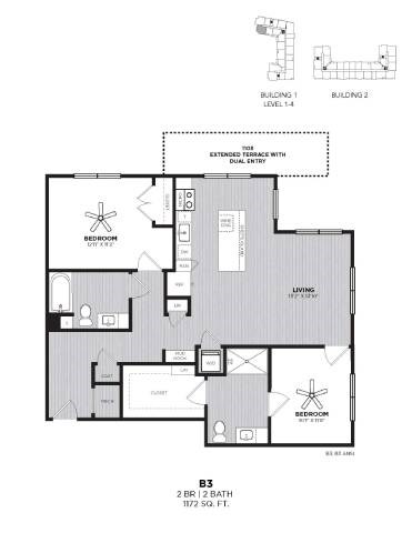 Floor plan for 2 beds, 2 baths, 1172 sqft