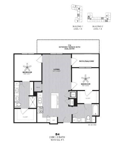 Floor plan for 2 beds, 2 baths, 1073 sqft