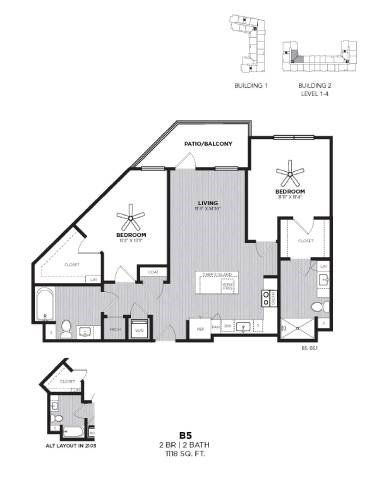 Floor plan for 2 beds, 2 baths, 1118 sqft