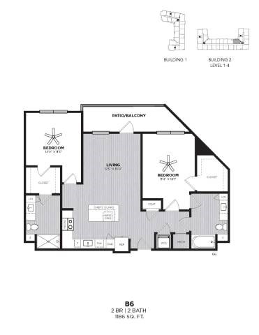 Floor plan for 2 beds, 2 baths, 1186 sqft
