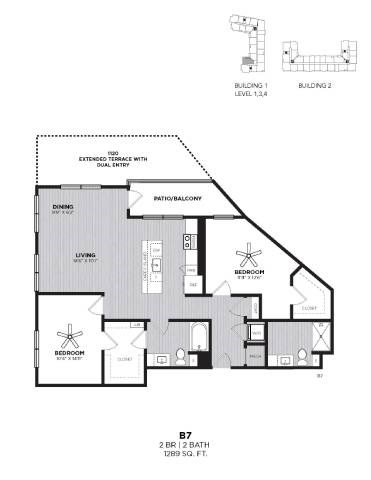 Floor plan for 2 beds, 2 baths, 1289 sqft