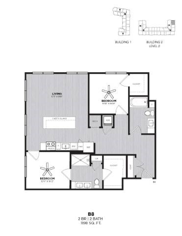 Floor plan for 2 beds, 2 baths, 1198 sqft