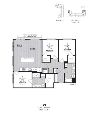 Floor plan for 3 beds, 2 baths, 1326 sqft