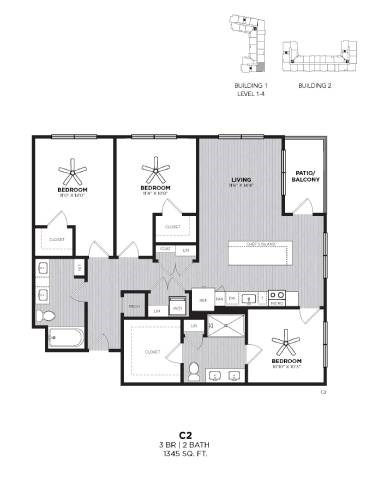 Floor plan for 3 beds, 2 baths, 1345 sqft