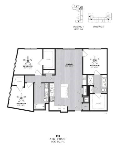 Floor plan for 3 beds, 2 baths, 1429 sqft