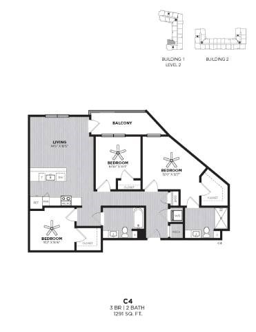 Floor plan for 3 beds, 2 baths, 1291 sqft